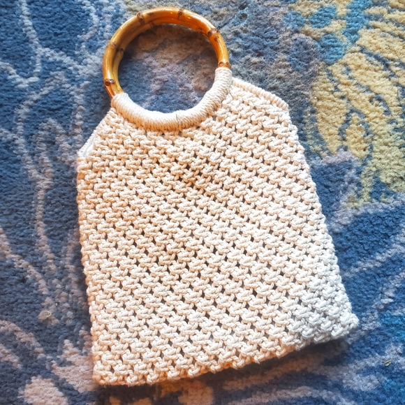 Beaded bamboo handle purse in crochet style, 100% cotton - Picture 6 of 6